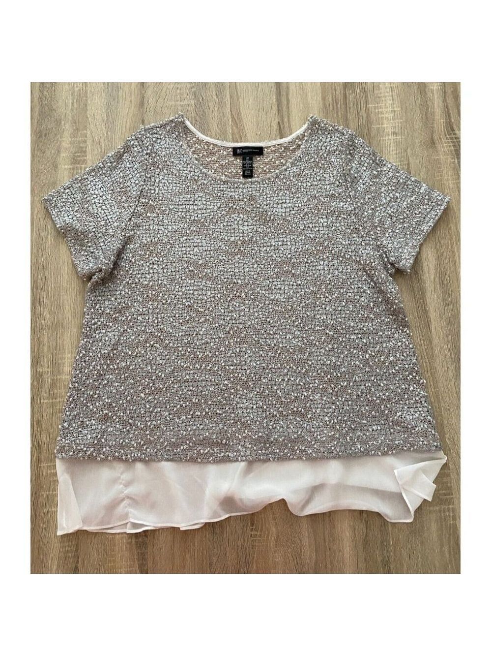 INC International Concepts Grey & Gold Knit Top with Chiffon Hem Color S…